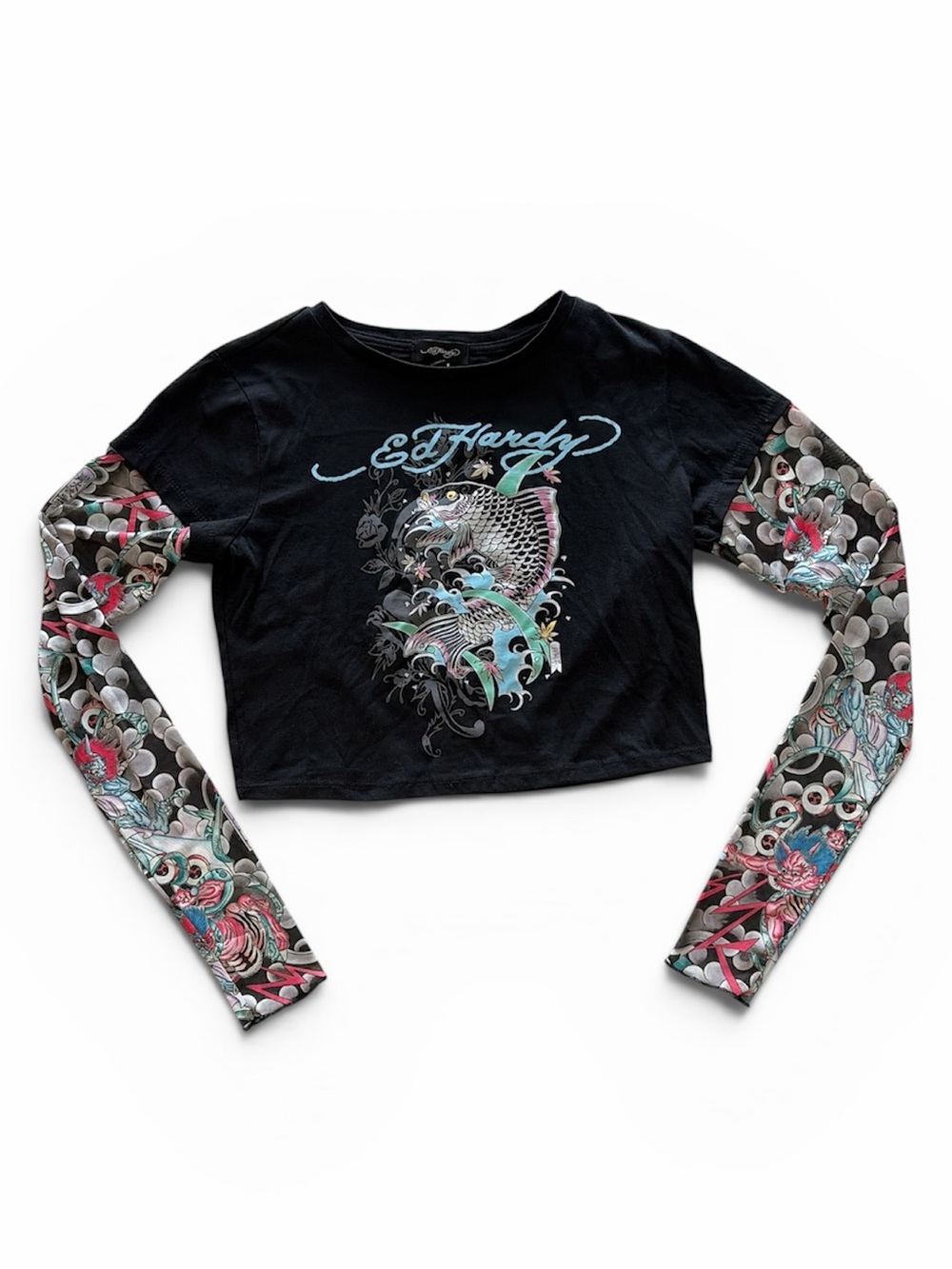 Ed Hardy Grunge Koi Fish Tattoo Y2K Black Crop Tee with mesh sleeves - Picture 2 of 4